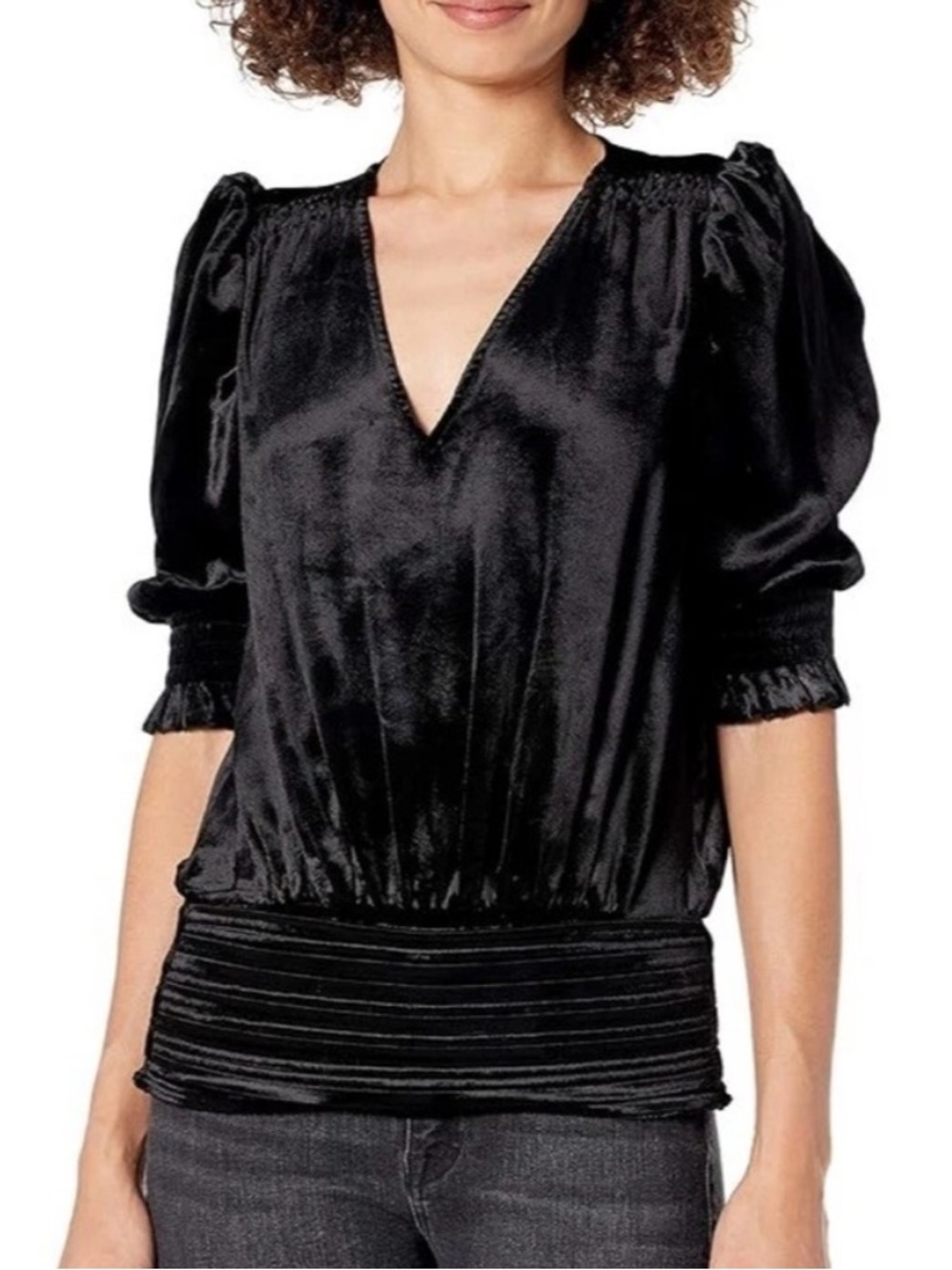 RAMY BROOK Velvet Flora Puff Sleeve Top Black Party Casual Women’s Size XS